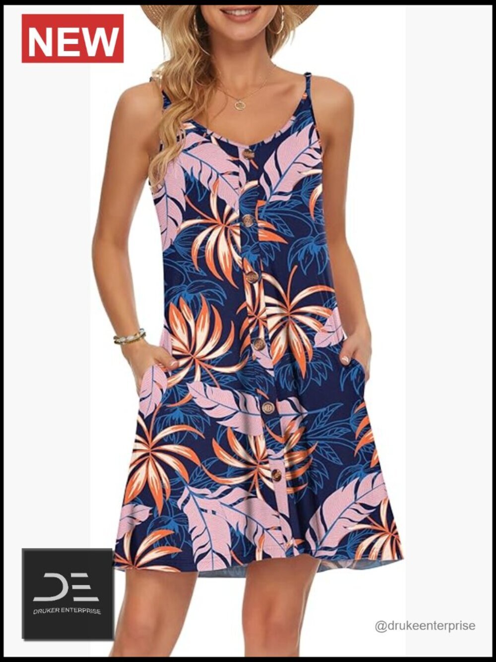 Women's V Neck Spaghetti Strap Swing Beach Cover Up Dress with Pockets